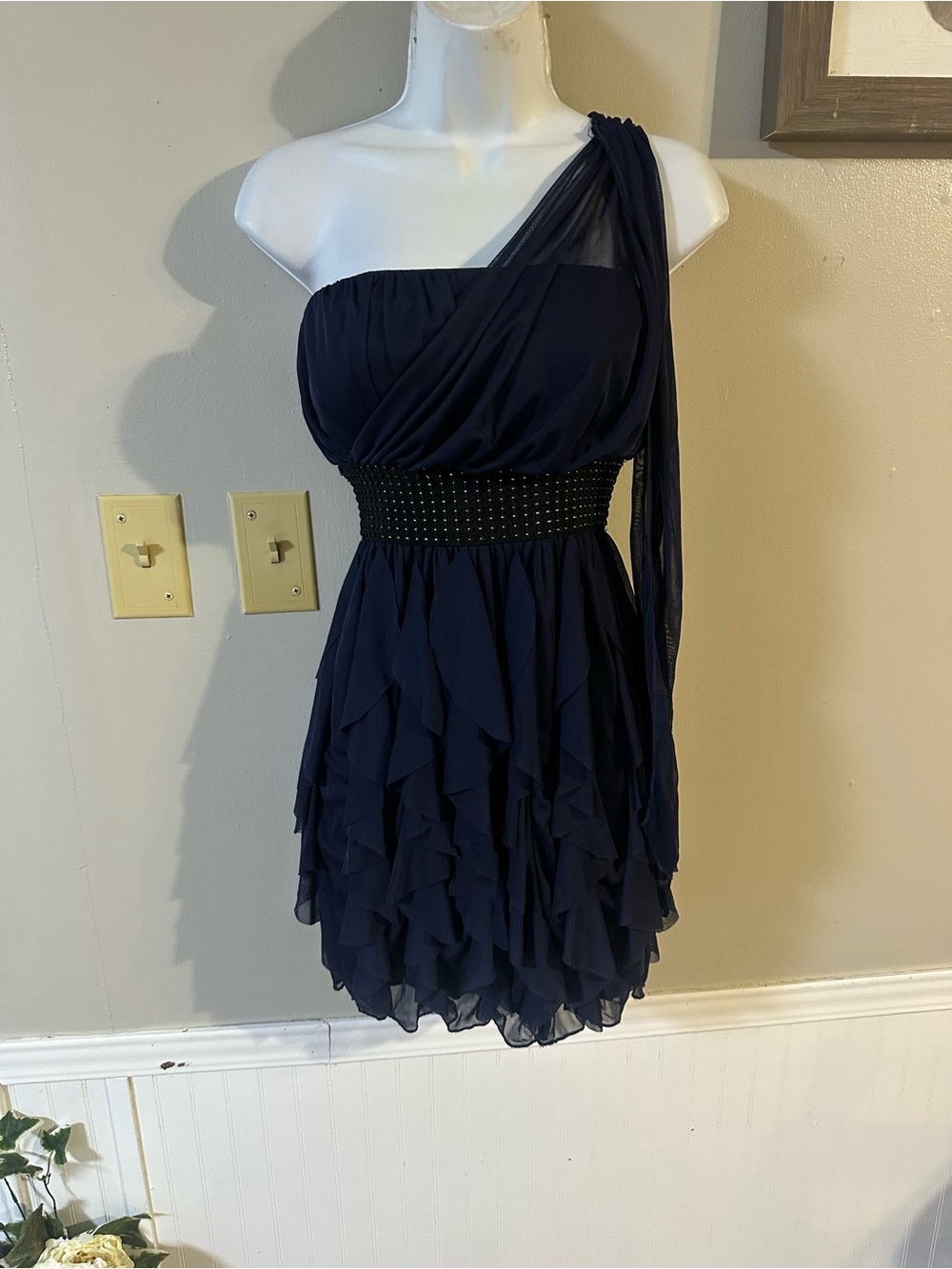 Roberta Bridal Navy One-Shoulder Ruffle Cocktail Dress